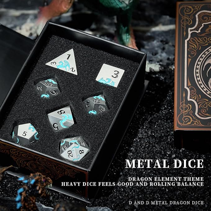Blue Dragon Metal DND Dice Set,HNCCESG Cool D&D Dice Set of 7 Piece,Dungeons and Dragon Gift Dice, Role Playing Dice for D&D Table Games((Matte Silver Blue2 Dragon)