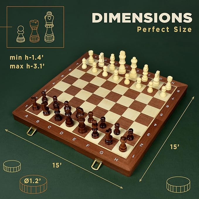 2 in 1 Magnetic Chess Set & Checkers Board Game for Adults and Kids - 15" Chess Tournament Chessboard with Magnetic Pieces - Free E-Book with Chess Puzzles