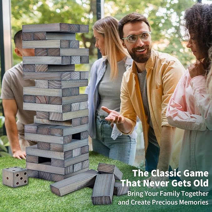 ApudArmis 54 PCS Tumble Timber Set Stack to 3FT, Pine Wooden Tumble Tower Game with Dice and Scoreboard Set - Classic Block Stacking Board Game for Teens Children Teenagers (Gray)