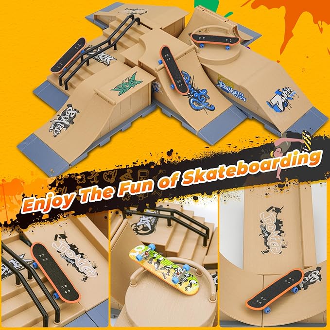 Finger Skateboards Ramp Set, 6 in 1 Fingerboard Skatepark Deck with 6 Ramps, Fingerboard Half Pipe Ramp for Kids Adults Fingerboard Training Props Interactive Freestyle Skate Game, Yellow