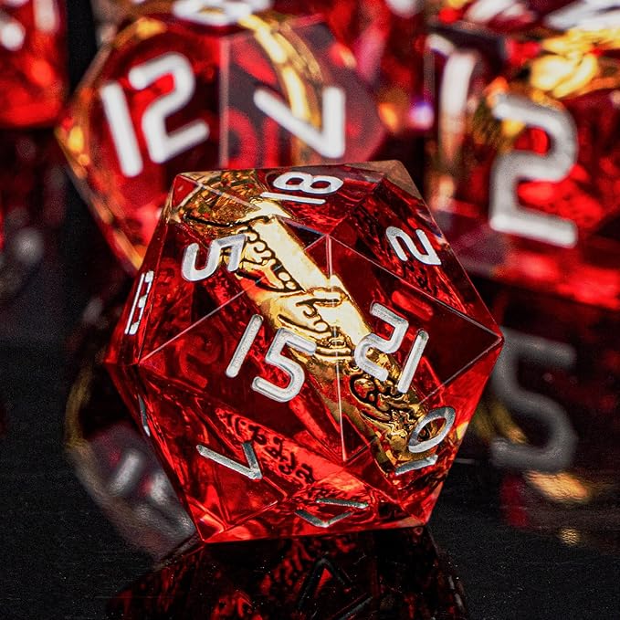 Magic Golden Ring DND Dice Set Sharp Edge Red Resin Dice with Box, for Use with D&D RPG Role Playing Games, Lord D and D Polyhedral Dice Set