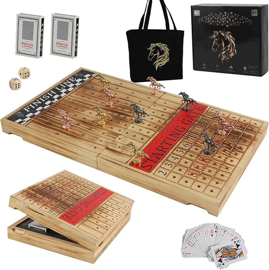 Wooden Finish Line Horse Racing Board Game Equipped with 11 Luxury Metal Craft Horses Adult Chessboard Including 2 Dice and 2 Boxes of Cards Folding Box Game Board (Light Flame)