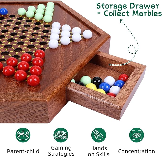 Wooden Chinese Checkers Set with Storage Drawer, 13 inches Upgraded Version Game Board, 60+12 Glass Marbles in 6 Colors, Classic Strategy Games for Adults and Kids, Fun for Family Gathering