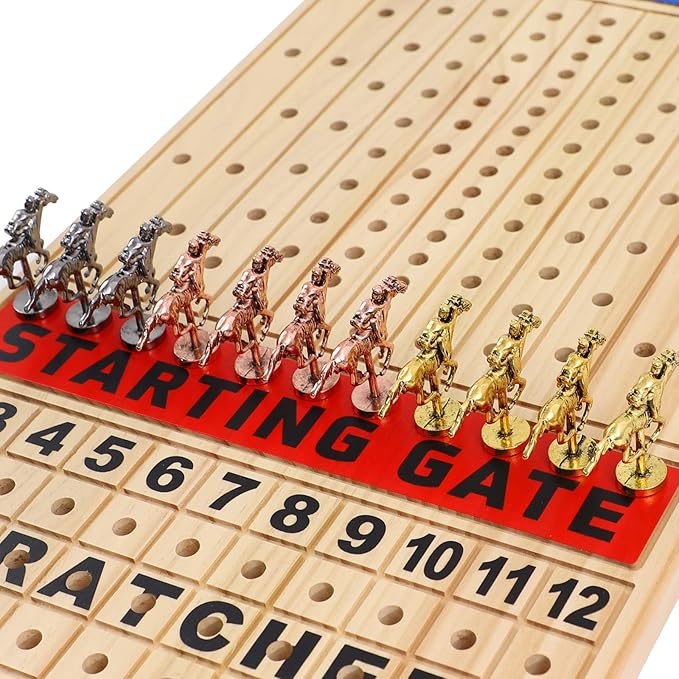 Large 21 inches Horse Racing Board Game with 11 Luxury Metal Horses Thickened Wood Game Chessboard Including Dice and Cards Finish LINE Race Game Board