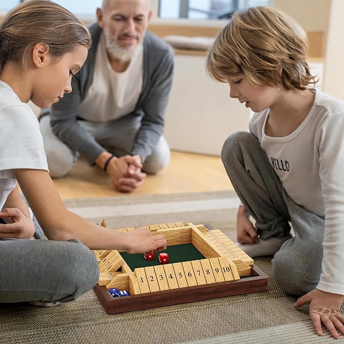 Shut The Box Game, 4 Player Wooden Board Game Dice Game, Classic Math Learning Game for Kids -12" x 12"