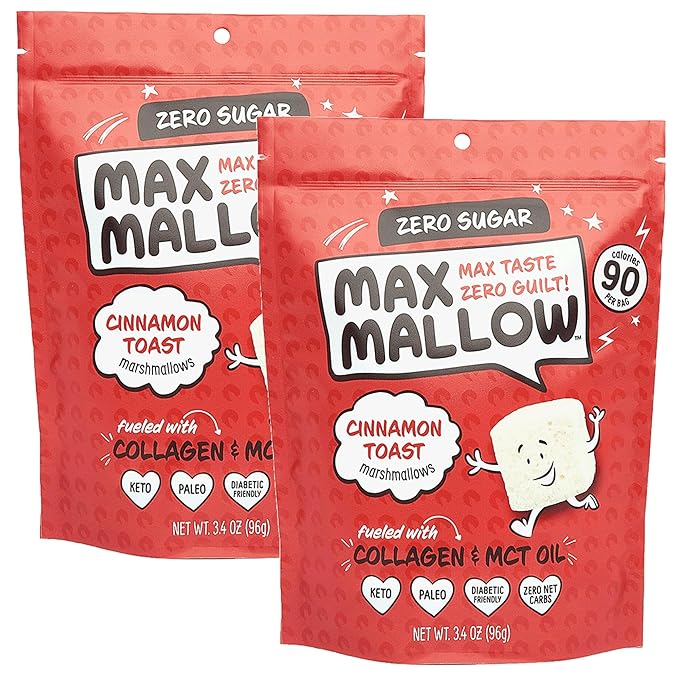 Max Mallow Sugar Free Marshmallows - Keto Friendly, Perfect for S'mores, Hot Chocolate, and Baking with Zero Sugar Snacks, Smores Mct Oil Zero Sugar Marshmellow Marshmallow, Cinnamon Toast, 2 Pack