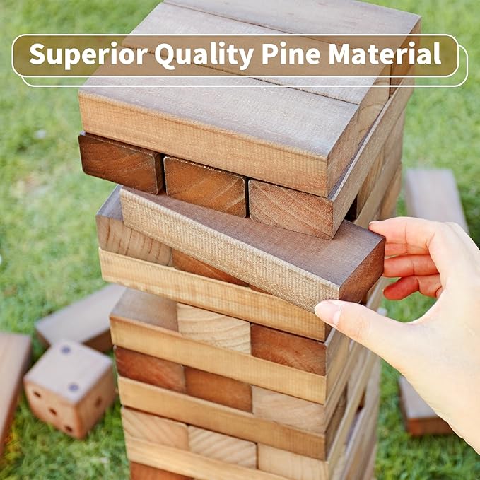 ApudArmis 54 PCS Tumble Timber Set Stack to 3FT, Pine Wooden Tumble Tower Game with Dice and Scoreboard Set - Classic Block Stacking Board Game for Teens Children Teenagers (Brown)