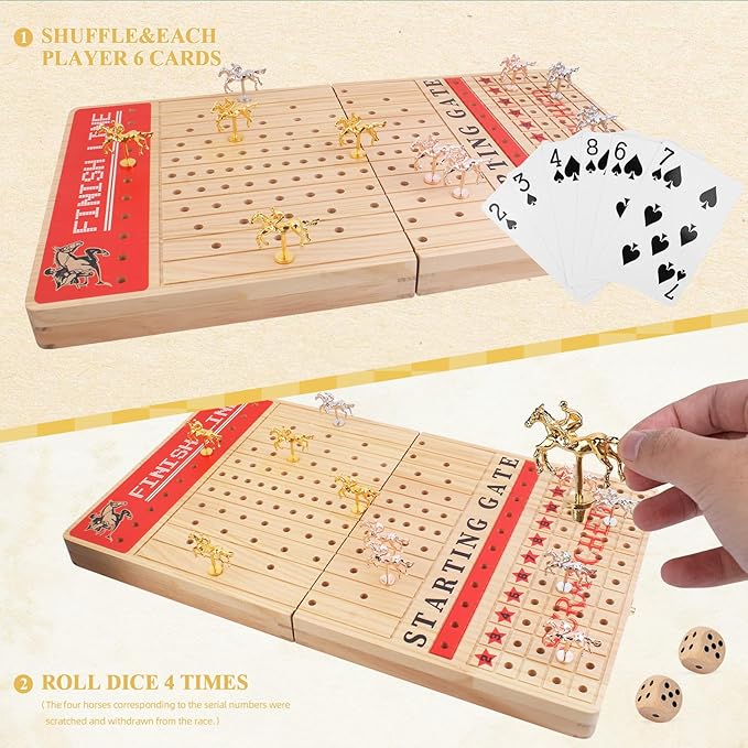 Horse Racing Board Game Set for Adults , 21-Inch Foldable Solid Wood Adult Board Games with 11 Metal Horses, 2 Dice, and 2 Boxes of Cards for Adults Family Game Night Tabletop Game Party