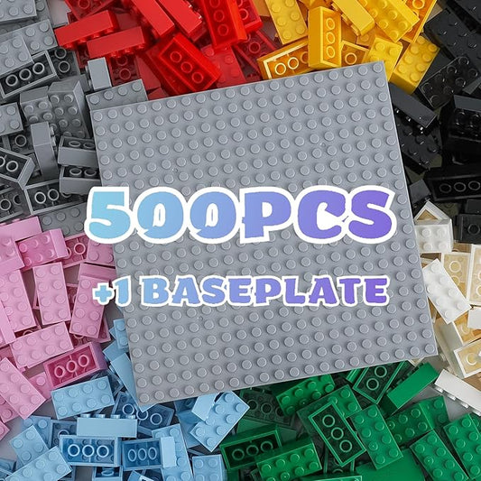 500 Piece Classic Building Bricks and 1 Gray Baseplate, 2x4 Bricks Bulk Creative Building Toys, Blocks Bulk for Kids Ages 6+, 8 Colors