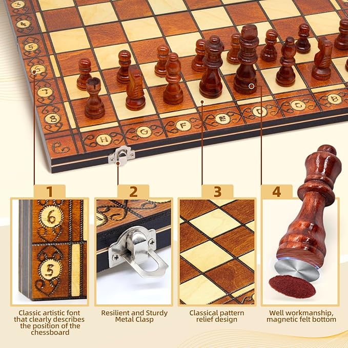 15.4" 3-in-1 Magnetic Chess, Checkers, and Backgammon Set - Extra Queens - Wooden portable and foldable Board game, Travel Game Set for Adults, Kids and Elder - Gift for parents and children