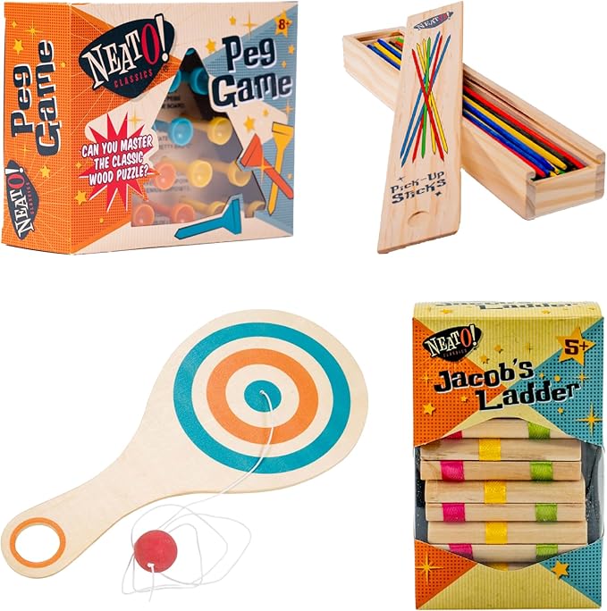 Neato Wood Toys Bundle – Includes Classic Wooden Peg Game, Jacob's Ladder Puzzle, Pick-Up Sticks, and Bounce-Back Paddle Ball – Fun Retro Games for Kids & Adults – Perfect for Travel & Family Play