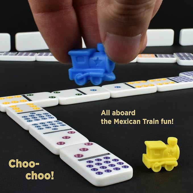 Queensell Mexican Train Dominoes Set Double 15, Dominoes Set for Adults and Family, Mexican Train Double 15 Dominoes Set Colored Dot - 136 Tiles, 9 Trains, Wooden Hub, Aluminum Case (Double 15)