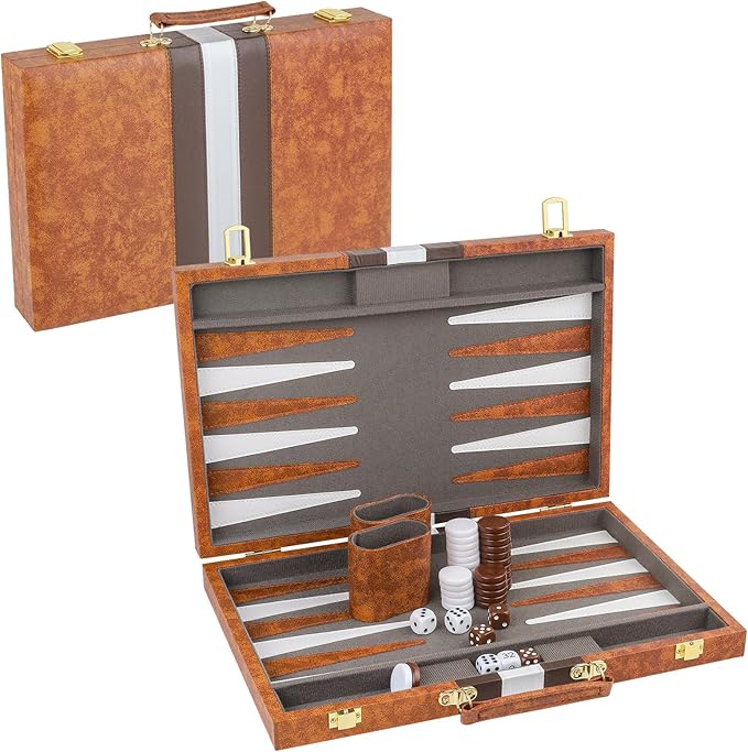 Backgammon Set, 15 Inch Portable Board Game with PU Leather Case for Adults, Brown Backgammon Travel Set