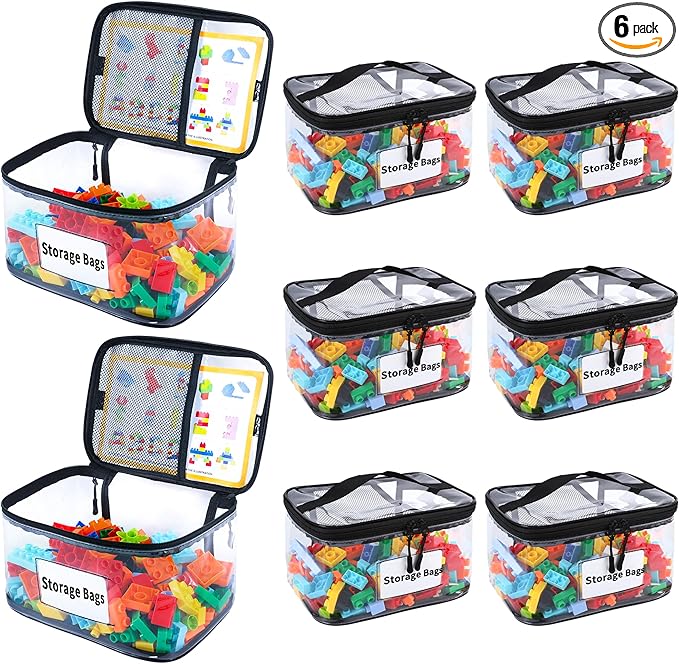 6 Packs Toy Storage Bags with Manual Pocket, Reusable Clear PVC Board Game Storage, Travel Waterproof Storage bag organizer with Zipper for Building Blocks, Board Game, Puzzle, Books