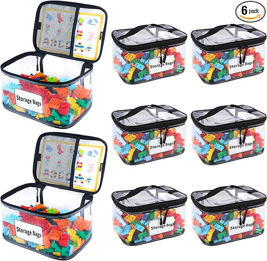 6 Packs Toy Storage Bags with Manual Pocket, Reusable Clear PVC Board Game Storage, Travel Waterproof Storage bag organizer with Zipper for Building Blocks, Board Game, Puzzle, Books