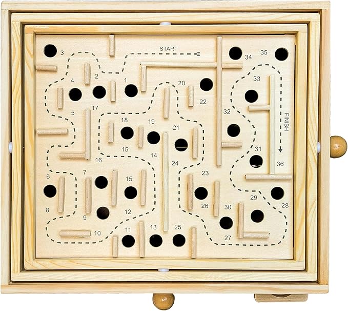 Sterling Games Wooden Labyrinth with 3 Swappable Boards – Classic Maze Game with 60, 36, and 25 Waypoints – Wooden Tilt Puzzle with Knob Control and 3 Steel Marbles for Kids Age 6+