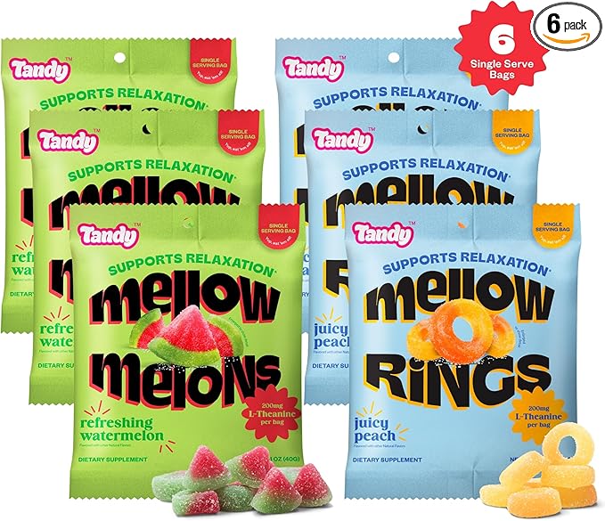Tandy Mellow Melons & Mellow Rings L-Theanine Gummies I Relaxation Gummy with Watermelon & Peach Flavors I Calming Gummies for Adults I Gluten-Free Fast-Acting Dietary Supplement Gummy I 6-Pack
