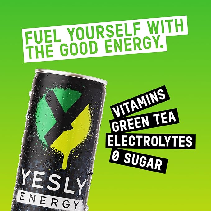Yesly Energy Drink, Green Apple, Naturally Flavored Sparkling Energy Drink With Electrolytes, Magnesium, Potassium, Vitamin C, B6 & B12, Natural Caffeine From Green Tea, 12 Fl Oz Cans, 12 Pack