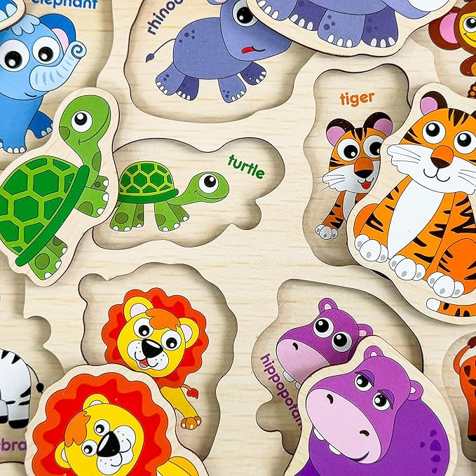 QUOKKA Wooden Puzzles for Toddlers 1-2 – 4 Set Pegged Puzzles for Kids Ages 1-2 – Animal Safari Learning Toy for Kids – Gift Realistic Educational Game for Boy and Girl