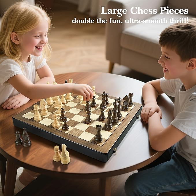 18.5 Inch Wooden Chess Set with Handle,Chess Sets for Adults Kids Portable Folding Board Games with 4.5" King and 2 Extra Queens Handmade Large Pieces with Storage Slots