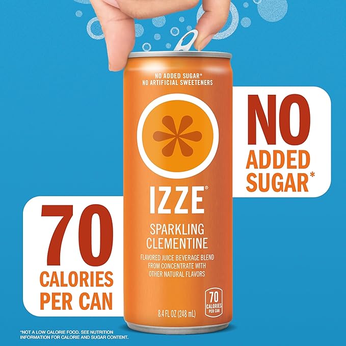 IZZE Sparkling Juice Beverage Blend, Sunset Variety Pack, Clementine, Peach, Cherry Lime, Pomegranate, No Sugar Added, 8.4 FL OZ, 24 Cans