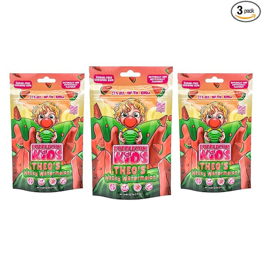 Bubblegum Kids Sugar Free Gum - For Kids and Adults - Vegan Friendly - Retro, Parent Approved Bubble Gum with Burst of Sweet Flavor - Theo's Wacky Watermelon (Watermelon 3-Pack)