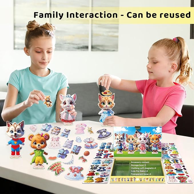 Yuzee Magnetic Dress Up Games Cute Pets Set with Storage Box, 55 Pieces of Clothing Magnets and 4 Cute Animal Figures Accessories, Magnetic Travel Toys Reusable, Foster Creativity and Imagination (A)