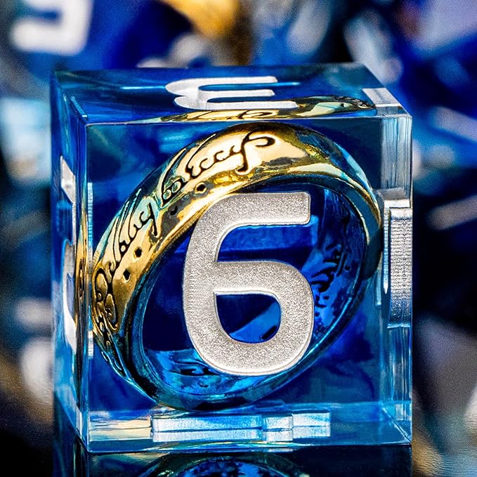 Magic Golden Ring DND Dice Set with Dice Box, Blue Resin Sharp Edge D and D Dice for use with D&D Tabletop Games Handmade Lord Polyhedral Dice Set D20 D12 D10 D8 D6 D4