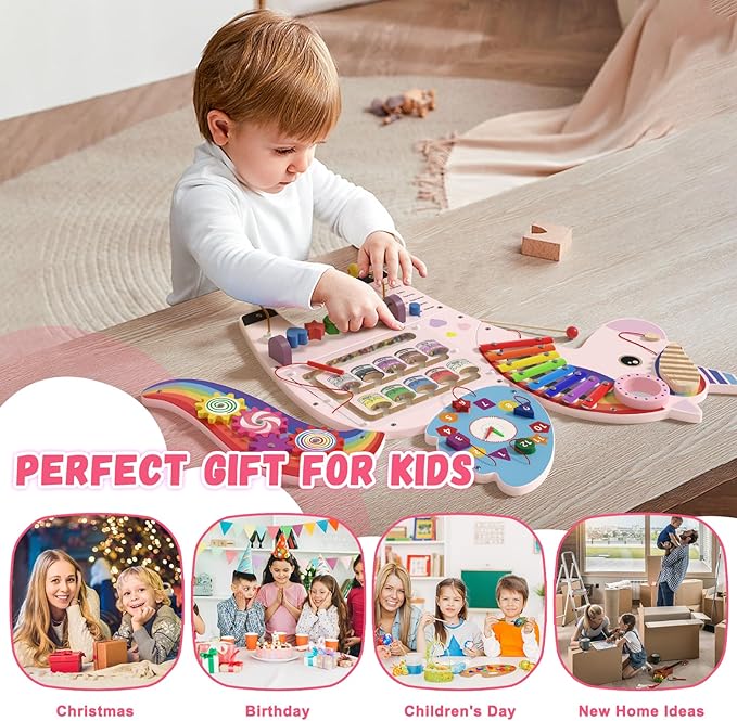 Unicorn Sensory Wall Panel for Kids - Activity Wall Busy Board Panels, Montessori Toddler Wall Activity Board, Wall Toys for Toddlers 3, Activity Cube, Perfect for Toddler Playroom, Pink