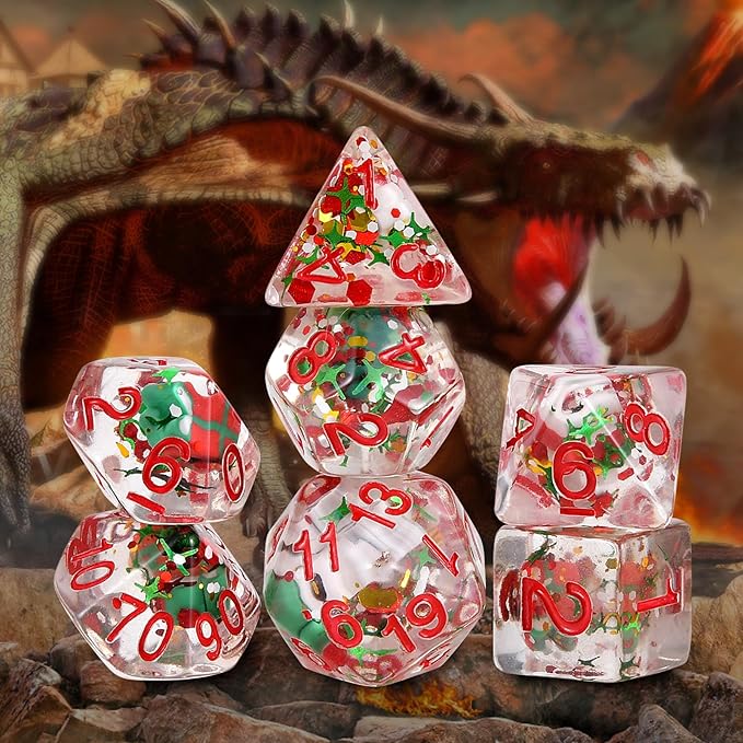 OriCraft Christmas Dice Set - DND Dice with Santa Claus, Christmas Tree D20 & Polyhedral Gaming Dices (7 Set)