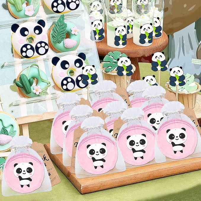 36 Pack Panda Change Purses Set Include 12 Wallets with Keyring,12 Thank You Tags and 12 Organza Bags for Panda Lover, Panda Themed Jungle Safari Animals Birthday Party,Pink