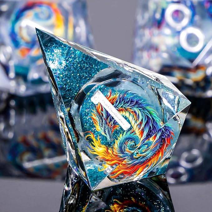 Dragon Pattern Liquid Core DND Dice Set, 7Pcs Sharp Edge D&D Dice with Gift Box, Blue Resin Dungeons Dragons D and D Role Playing Dice D20 D12 D10 D8 D6 D4