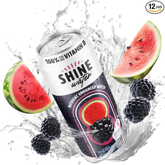 ShineWater Vitamin D Hydration Electrolyte Drink - Flavored Water with Electrolytes, Sugar-Free, Magnesium, Zinc, Vitamin B12, Plant-Based, Low Calorie - Watermelon BlackBerry Fruit Water 12 Pack