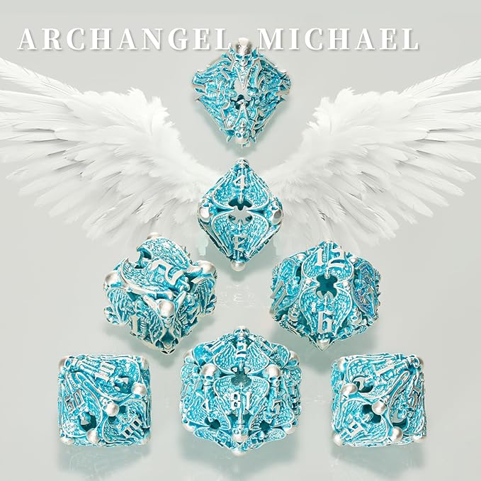 DND Metal Dice Set - Matte Blue White 7 PCS Skull Hollow for Dungeons and Dragons, MTG RPG Role Playing (D&D)