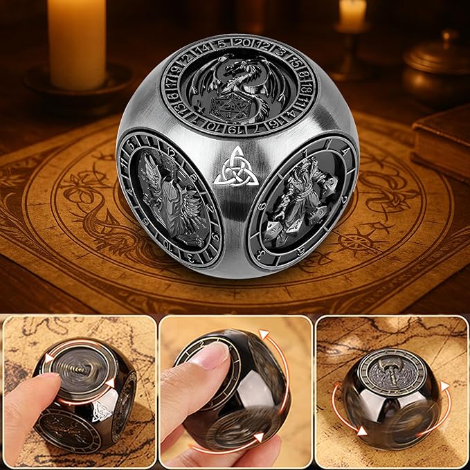 2025 New DND Spinner Dice for Dungeons and Dragons Gifts, 7-in-1 Metal Dice Set with 3D Relief, Polyhedral Roleplaying Game Dice, Fantasy D&D Tabletop RPG Accessories for DM & Player (Black)