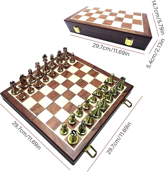 Large Metal Deluxe Chess Retro Copper Plated Alloy Chess Adult Set Board Game Portable Wooden Box Storage Folding, 2 Players Chess Set