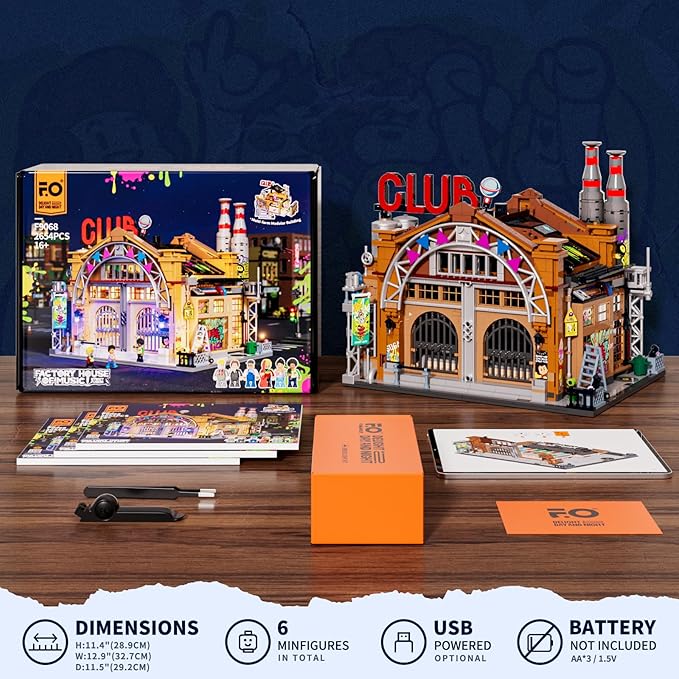 FUNWHOLE Factory House of Music Lighting Building Bricks Set - Street Fusion Music Club City Town Fully Accessible Multi-Form Modular Collection Kit 2654 Pcs for Adults & Teens & Street Culture Lovers