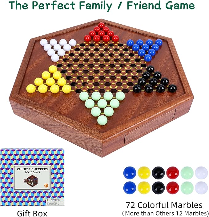 Wooden Chinese Checkers Set with Storage Drawer, 13 inches Upgraded Version Game Board, 60+12 Glass Marbles in 6 Colors, Classic Strategy Games for Adults and Kids, Fun for Family Gathering