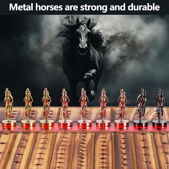 Horse Racing Board Game Thickened Solid Wood Finish Line Horse Race Game with 11 Metal Horses with 2 Sets of Dice,2 Boxes of Cards and 100 Poker Chips for Parties and Gambling