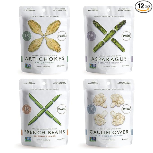 POSHI Marinated Vegetables Variety Pack | Asparagus, French Beans, Cauliflower, Artichoke | Keto, Vegan, Paleo, Non GMO, Gluten Free, Gourmet, Healthy, Fully Cooked (12 Pack)