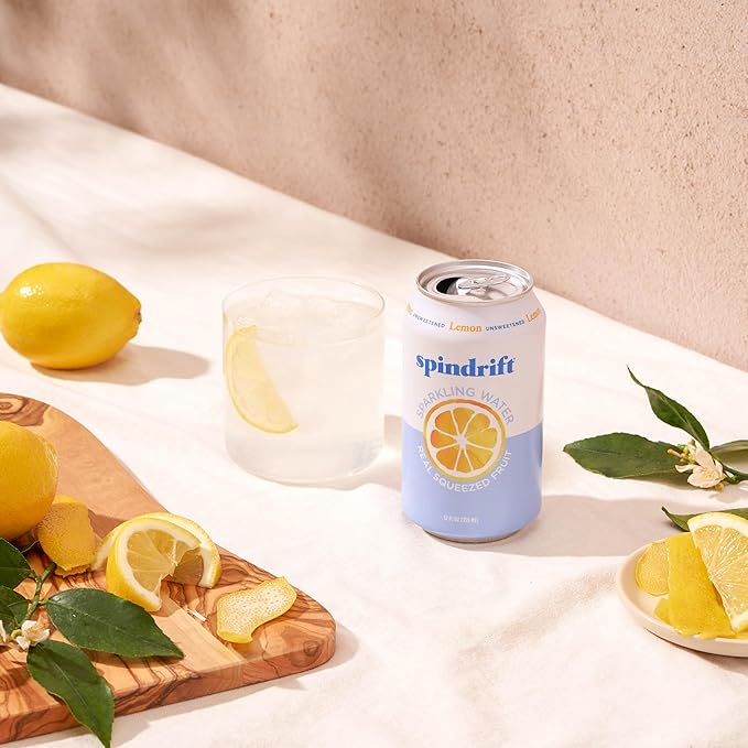 Spindrift Sparkling Water, Lemon Flavored, Made with Real Squeezed Fruit, 12 Fl Oz Cans, Pack of 24 (Only 3 Calories per Can)