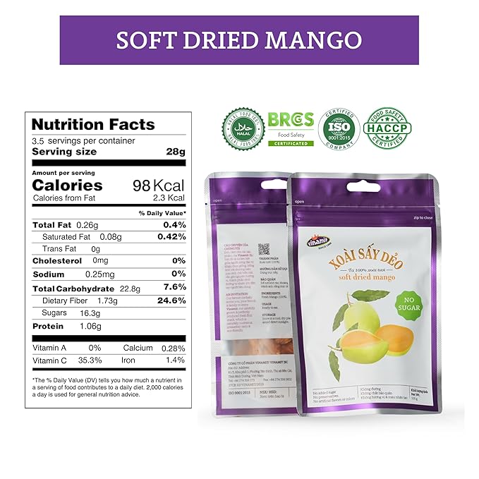 Vinamit Soft Dried Mango | No Sugar Added Mango Slices | 3.5 oz Bag | Naturally Sweet, Vegan, Non-GMO, Gluten-Free & Unsweetened | Rich in Dietary Fiber | Ideal for Travel, Healthy Snacking
