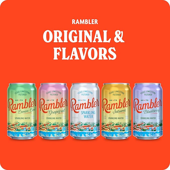 AUTX RAMBLER Sparkling Water, Texas Limestone Mineral Blend, Lemon-Lime Flavor, 12-Ounce Cans, 12-Pack