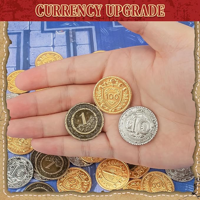 Byhoo 50 PCS Metal DND Coins, 1.2" Gold Silver Copper Tokens with Face Value for Board Game and Tabletop RPG, Fantasy Metal Coins for Pirate Game Party Cosplay