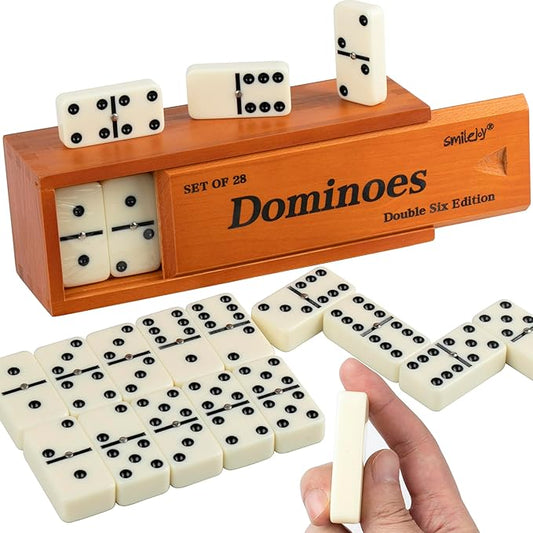 Smilejoy Dominos Set for Adults -Jumbo Size Dominoes Double Six Edition- Classic Board Games- Thick Size Double 6 Domino Set with Deluxe Brown Wood Box, 28 Tiles (2-4 Players)
