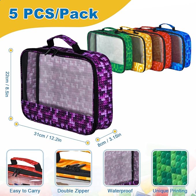 5 PCS Toys Storage Bags for kids,Travel Organizer Pouch Case for Lego Bricks, Puzzles, Building Blocks,Waterproof Colorful Print Design with Handle (Half-Transparent)