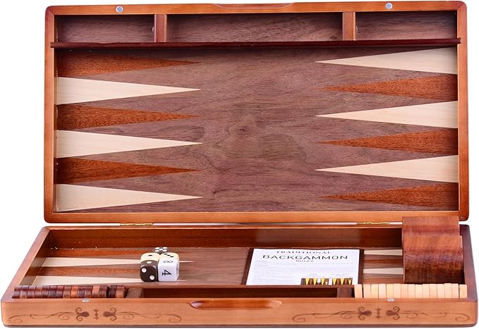 Wooden Inlaid Backgammon Set, Classic Strategy Board Game Case 15.7" Large Size, Backgammon with Checkers Pieces for Adults and for Children