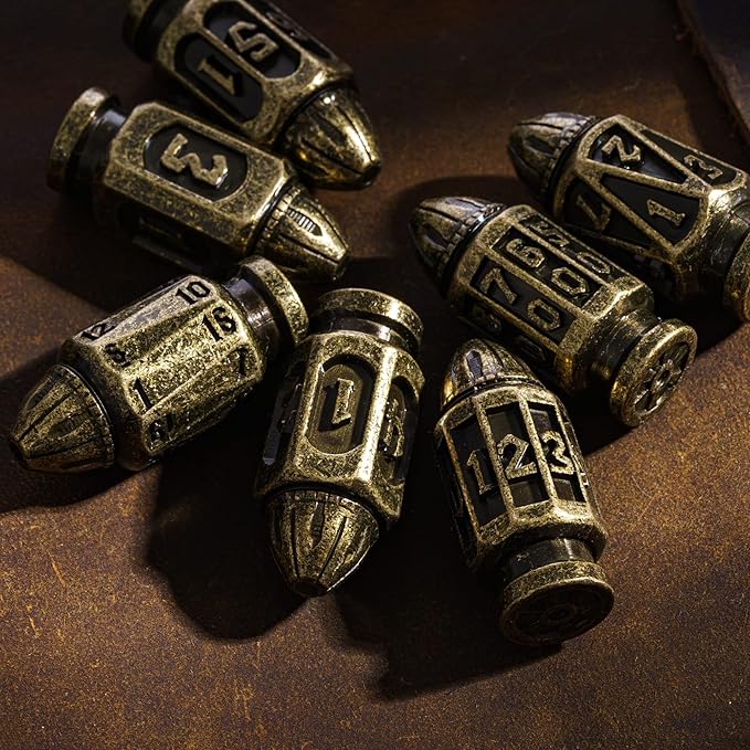UDIXI Metal DND Bullet Dice Set, 7-Die Solid Polyhedral Metal Dice Set D&D with Magazine Container for Role Playing Game or Other Tabletop Games(Bronze)