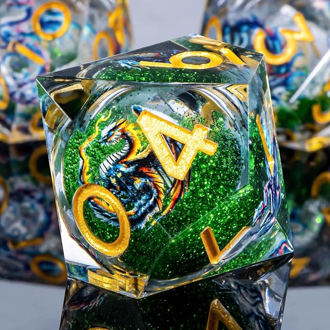 Dragon Pattern Liquid Core DND Dice Set, 7Pcs Sharp Edge D&D Dice with Gift Box, Green Resin Dungeons Dragons D and D Role Playing Dice D20 D12 D10 D8 D6 D4