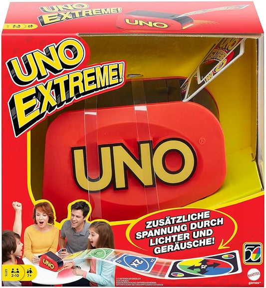 UNO Extreme Card Game Featuring Random-Action Launcher with Lights & Sounds & 112 Cards, Kid, Teen & Adult Game Night Gift Ages 7 Years & Older, GXY75